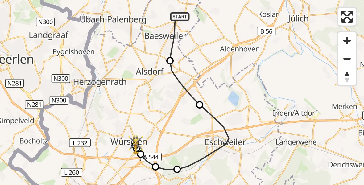 Flugroute Rettungshubschrauber Baesweiler - Rhein-Maas Hospital, 03 Oktober 2026, 15:39