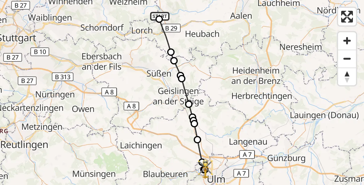 Flugroute Rettungshubschrauber Alfdorf - Ulm Military Hospital Emergency, 03 Oktober 2026, 15:39