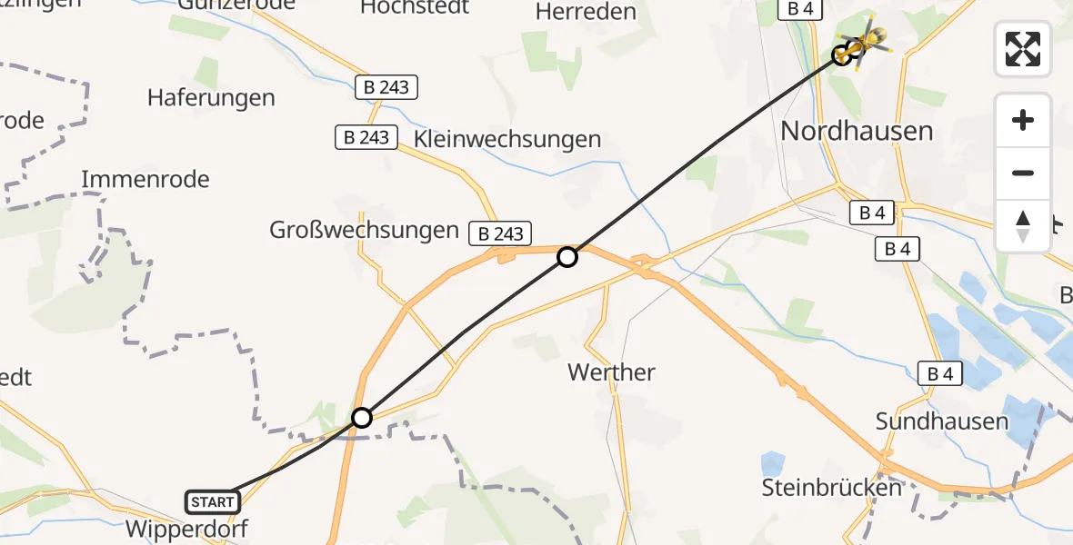 Flugroute Rettungshubschrauber Bleicherode - Südharz Hospital Nordhausen, 03 Oktober 2026, 15:40