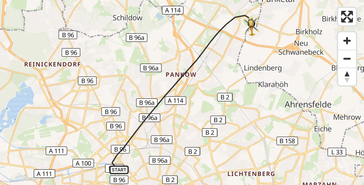 Flugroute Rettungshubschrauber Berlin - Helios Clinic Berlin-Buch, 03 Oktober 2026, 15:43