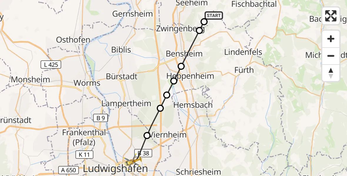 Flugroute Rettungshubschrauber Lautertal (Odenwald) - Mannheim, 03 Oktober 2026, 15:48
