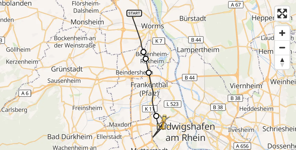 Flugroute Rettungshubschrauber Worms - Ludwigshafen Accident Hospital, 03 Oktober 2026, 15:51