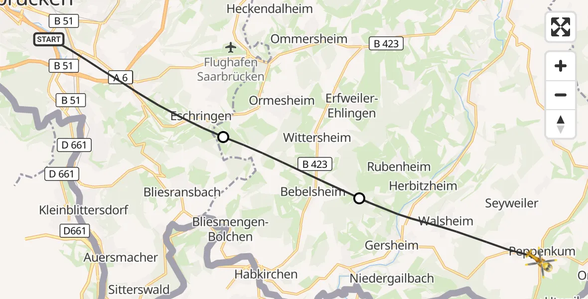 Flugroute Rettungshubschrauber Saarbrücken - Gersheim, 03 Oktober 2026, 15:59