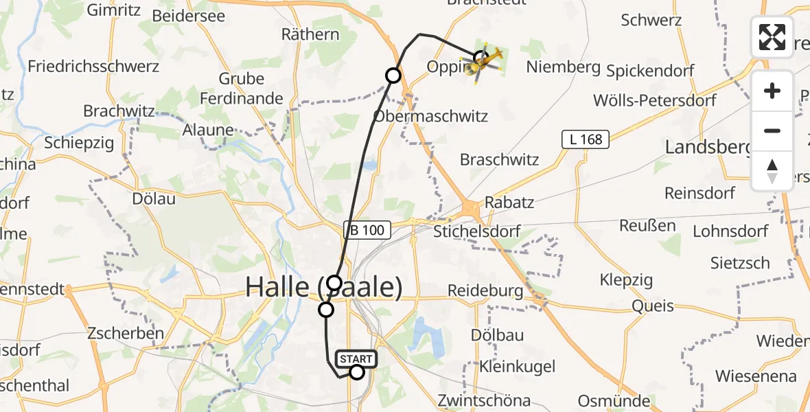 Flugroute Rettungshubschrauber BG Hospital Bergmannstrost Halle - Halle-Oppin Flugplatz, 03 Oktober 2026, 16:03