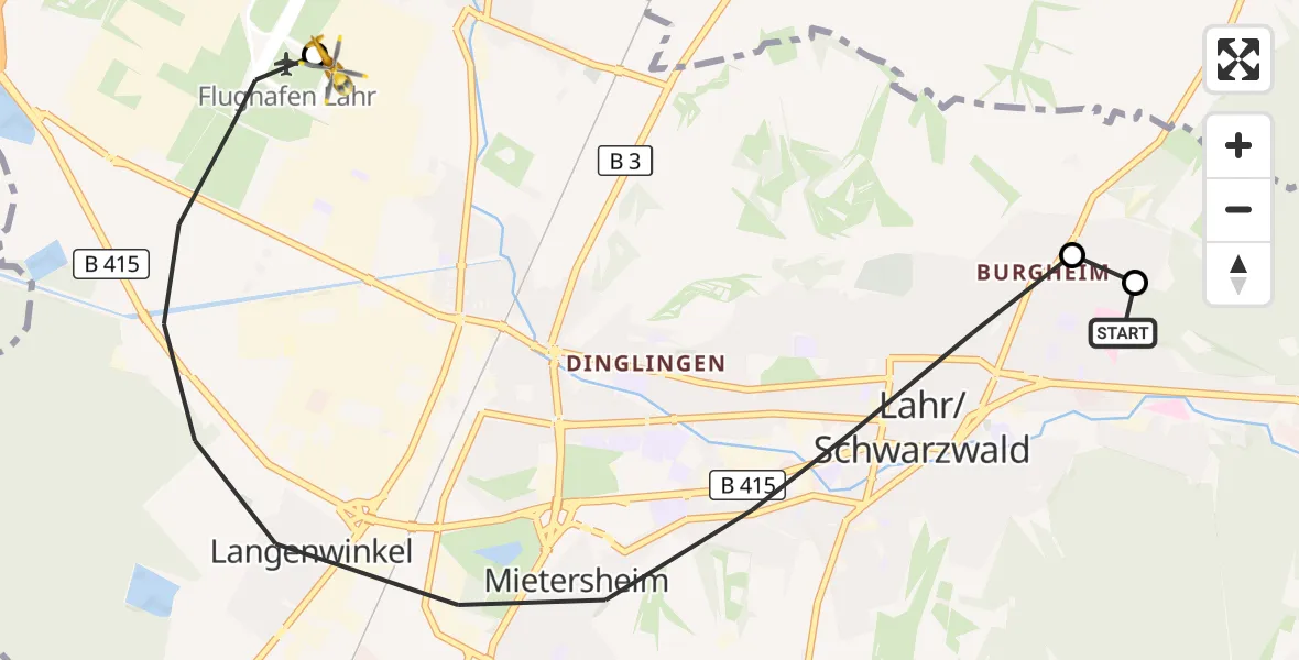 Flugroute Rettungshubschrauber Ortenau Hospital Lahr-Ettenheim - Lahr Flughafen, 03 Oktober 2026, 16:04