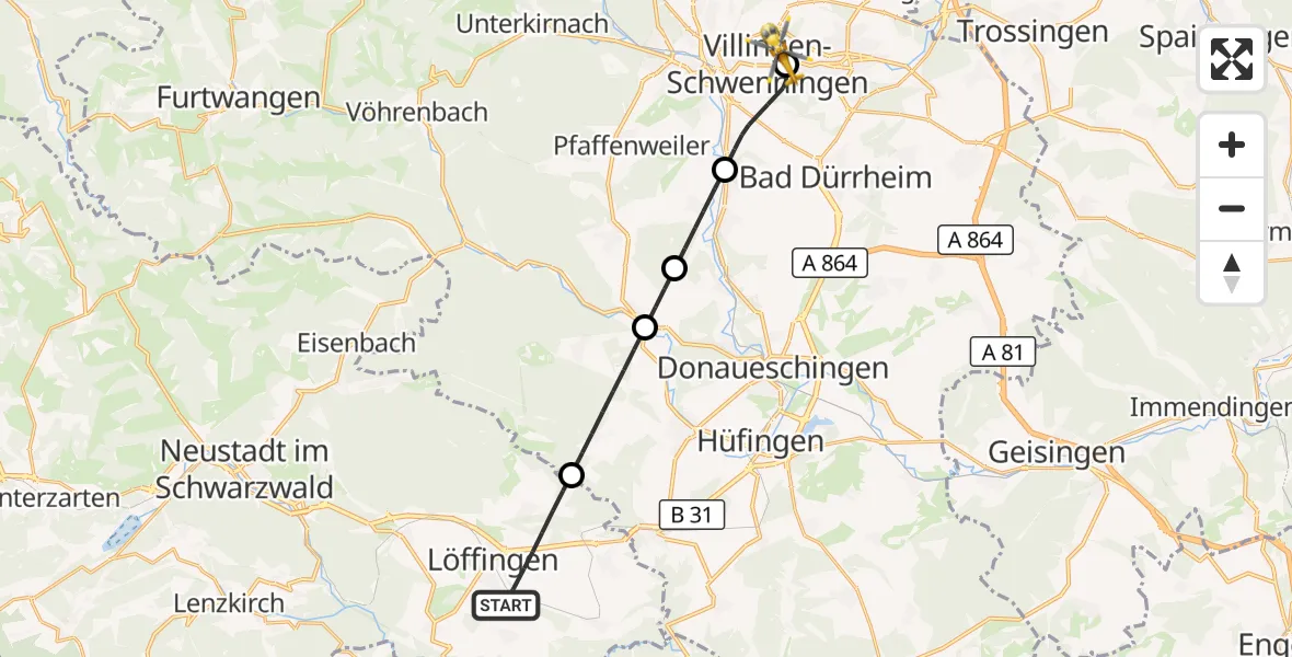 Flugroute Ambulanzhubschrauber Löffingen - DRF Air Rescue Station Villingen-Schwenningen Hubschrauberlandeplatz (Christoph 11), 03 Oktober 2026, 16:04