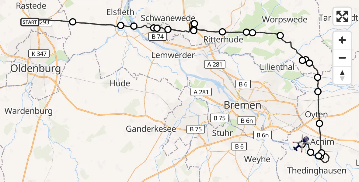 Flugroute Polizeihubschrauber Rastede - Achim, 03 Oktober 2026, 16:10