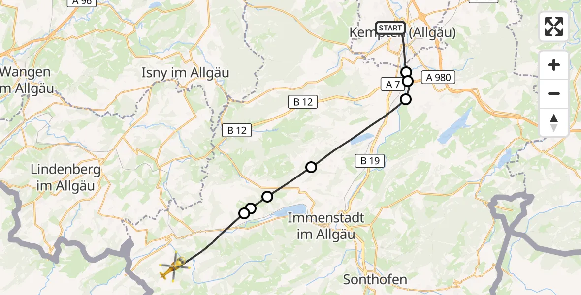 Flugroute Rettungshubschrauber Kempten (Allgäu) - Oberstaufen, 03 Oktober 2026, 16:13