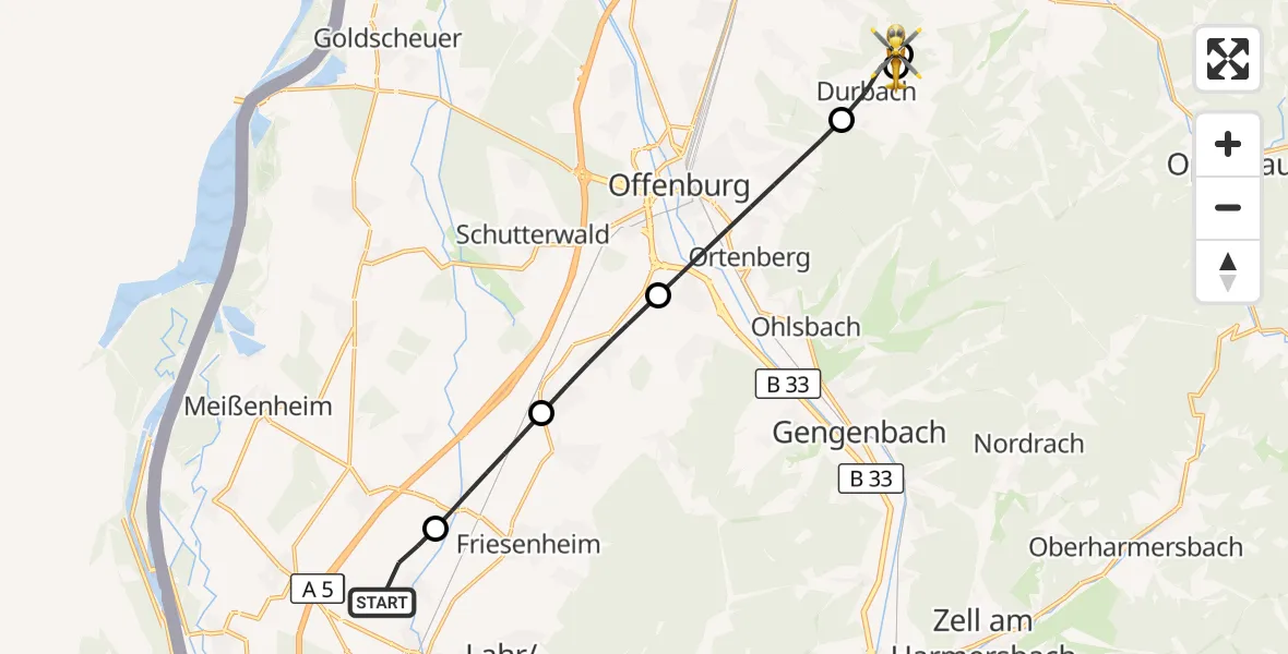 Flugroute Rettungshubschrauber Lahr Flughafen - Durbach, 03 Oktober 2026, 16:15