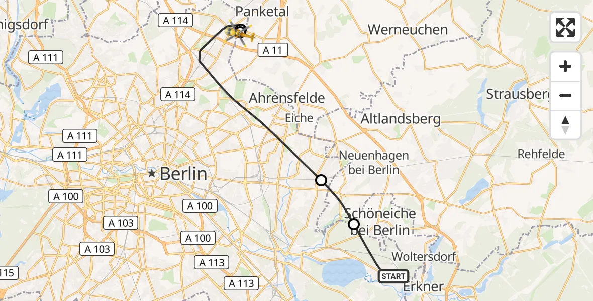 Flugroute Rettungshubschrauber Berlin - Helios Clinic Berlin-Buch, 03 Oktober 2026, 16:24