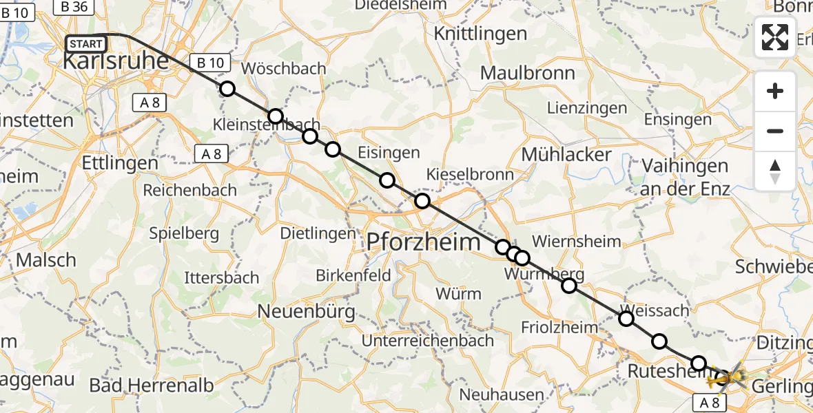 Flugroute Rettungshubschrauber Karlsruhe - Leonberg Hospital, 03 Oktober 2026, 16:28