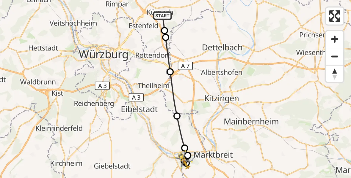 Flugroute Rettungshubschrauber Kürnach - Ochsenfurt Hospital, 03 Oktober 2026, 16:30
