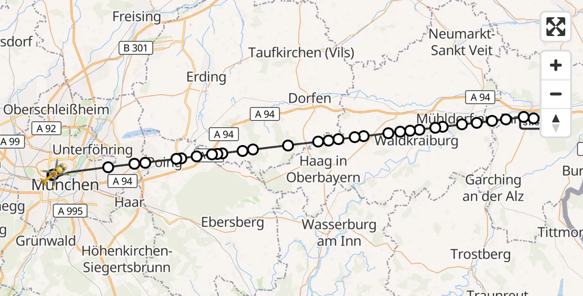 Flugroute Rettungshubschrauber Altötting-Burghausen District Hospital Altötting - Deutsches Herzzentrum München, 03 Oktober 2026, 16:30