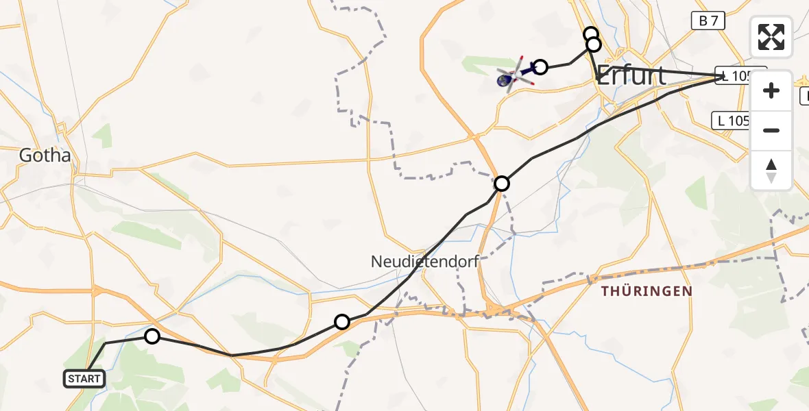 Flugroute Polizeihubschrauber Schwabhausen - Erfurt-Weimar Flughafen, 03 Oktober 2026, 16:35