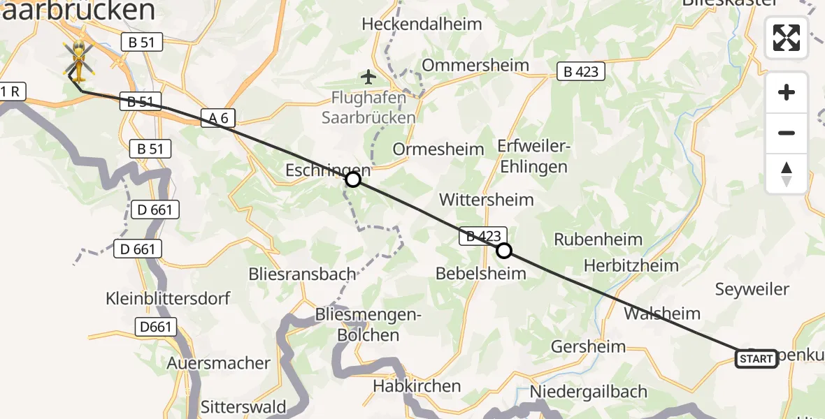 Flugroute Rettungshubschrauber Gersheim - Saarbrücken, 03 Oktober 2026, 16:36