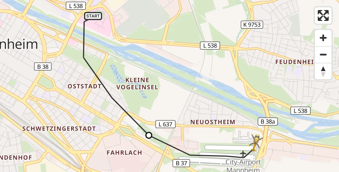 Flugroute Rettungshubschrauber Mannheim - Mannheim-City Flughafen, 03 Oktober 2026, 16:39