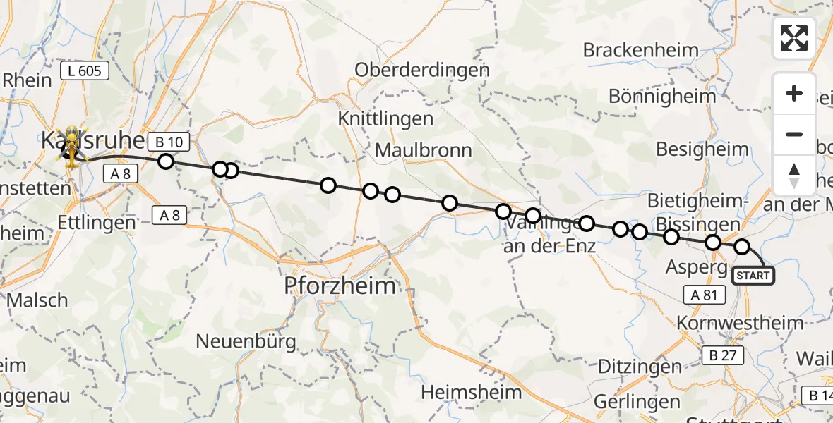 Flugroute Ambulanzhubschrauber Ludwigsburg - Sankt Vincentius Hospital, 03 Oktober 2026, 16:45