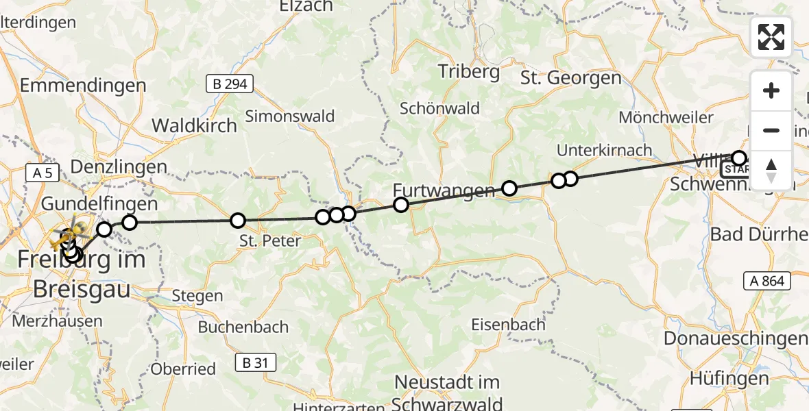 Flugroute Ambulanzhubschrauber DRF Air Rescue Station Villingen-Schwenningen Hubschrauberlandeplatz (Christoph 11) - Freiburg im Breisgau Flugplatz, 03 Oktober 2026, 16:49