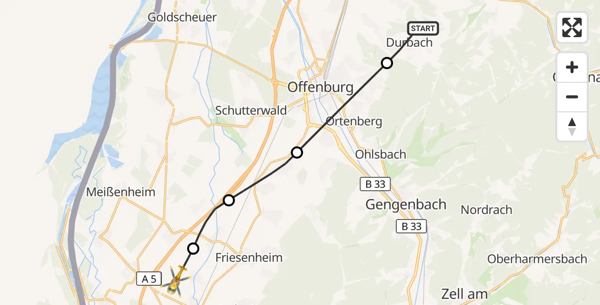Flugroute Rettungshubschrauber Durbach - Lahr Flughafen, 03 Oktober 2026, 16:50