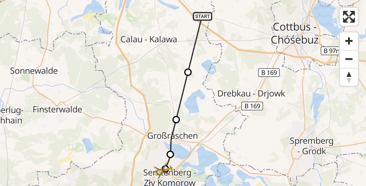 Flugroute Ambulanzhubschrauber Vetschau/Spreewald - ADAC Luftrettungsstation Senftenberg Hubschrauberlandeplatz, 03 Oktober 2026, 16:53