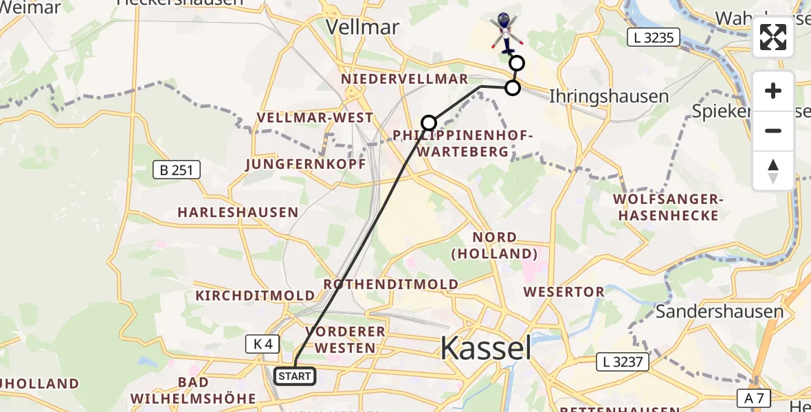 Flugroute Polizeihubschrauber Kassel - Fuldatal Bundespolizei Hubschrauberlandeplatz, 03 Oktober 2026, 16:57