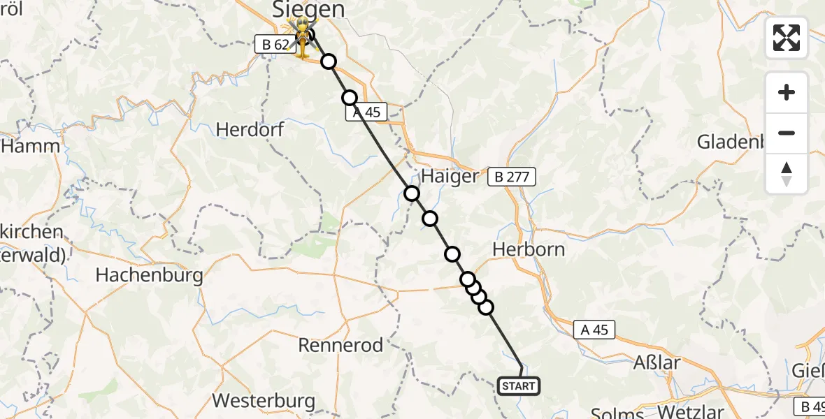 Flugroute Rettungshubschrauber Greifenstein - Evangelisches Jung-Stilling Hospital, 03 Oktober 2026, 17:02