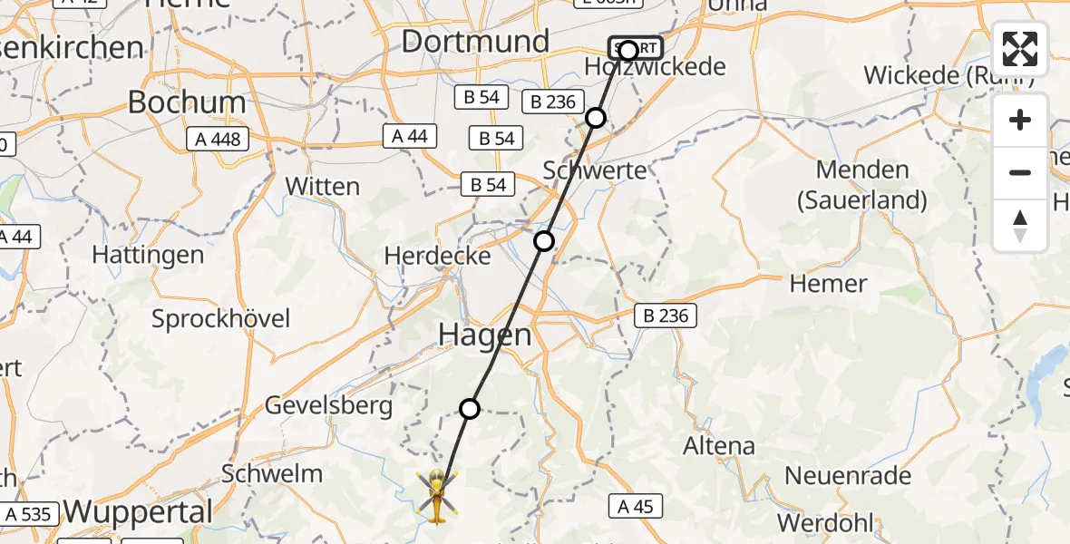 Flugroute Rettungshubschrauber Dortmund Flughafen - Breckerfeld, 03 Oktober 2026, 18:02