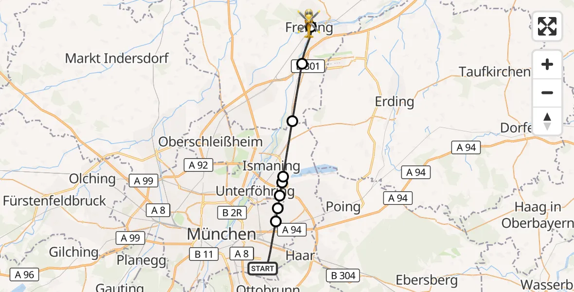 Flugroute Rettungshubschrauber München - Freising Clinic Hubschrauberlandeplatz, 03 Oktober 2026, 18:09