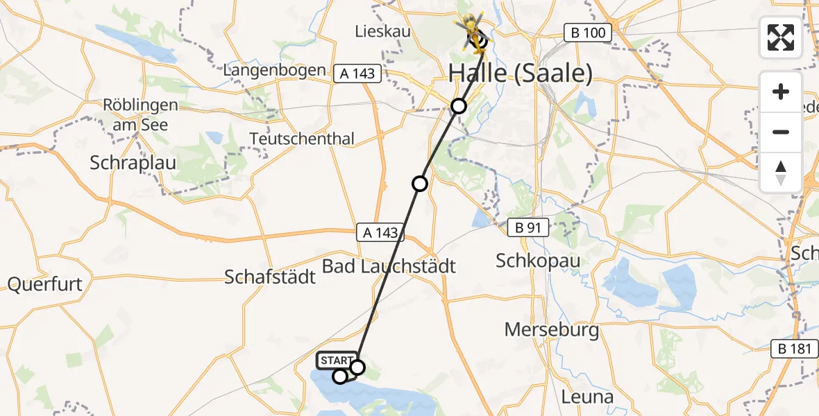 Flugroute Rettungshubschrauber Bad Lauchstädt - Halle (Saale) University Hospital, 03 Oktober 2026, 18:17