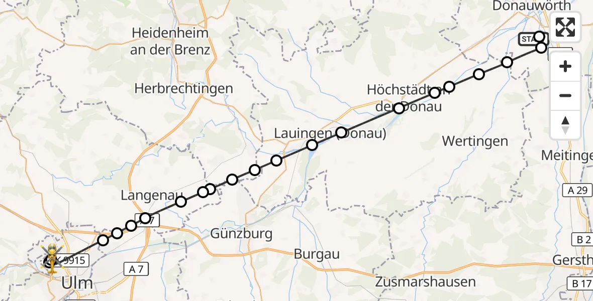 Flugroute Rettungshubschrauber Donauwörth - Ulm Military Hospital Emergency, 03 Oktober 2026, 18:50