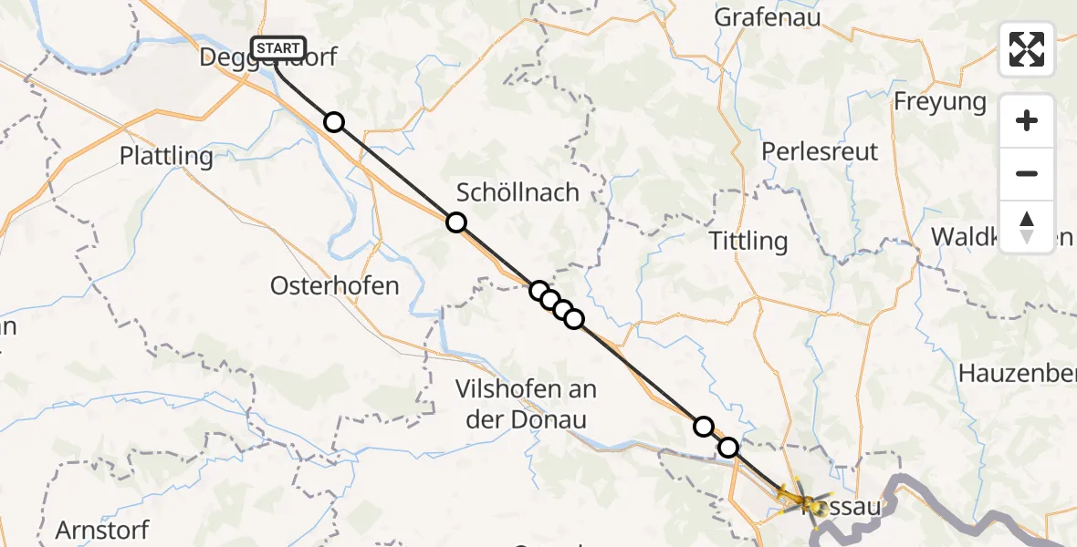 Flugroute Rettungshubschrauber Deggendorf - Passau, 03 Oktober 2026, 19:00