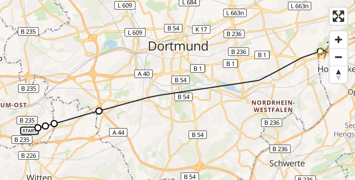Flugroute Rettungshubschrauber Bochum University Miners' Hospital - Dortmund Flughafen, 03 Oktober 2026, 19:08