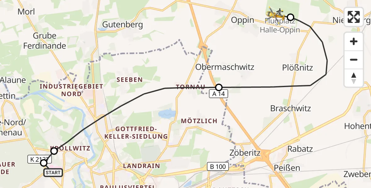 Flugroute Rettungshubschrauber Halle (Saale) University Hospital - Halle-Oppin Flugplatz, 03 Oktober 2026, 19:13
