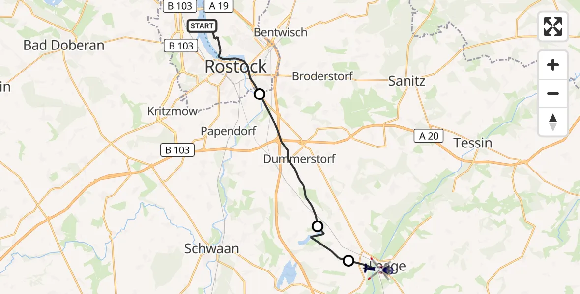 Flugroute Polizeihubschrauber Rostock - Laage, 03 Oktober 2026, 19:26