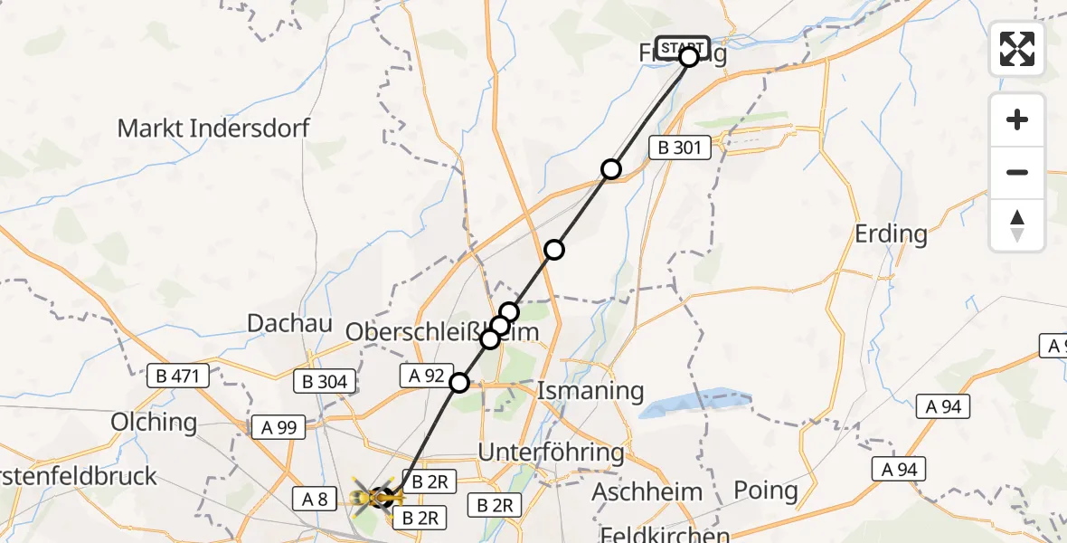 Flugroute Rettungshubschrauber Freising Clinic Hubschrauberlandeplatz - Dritter Orden University Hospital, 03 Oktober 2026, 19:35