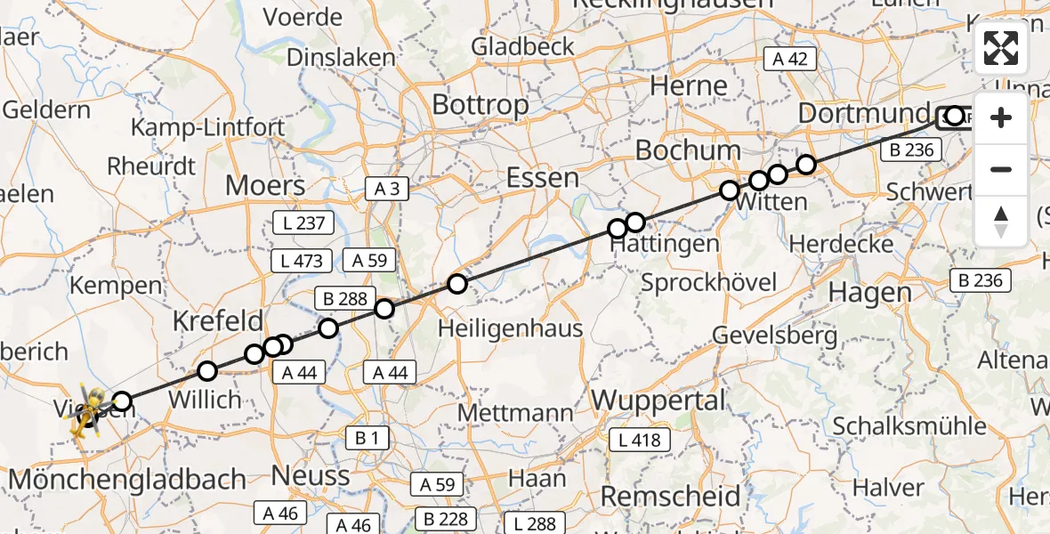 Flugroute Rettungshubschrauber Dortmund Flughafen - Viersen General Hospital, 03 Oktober 2026, 19:52