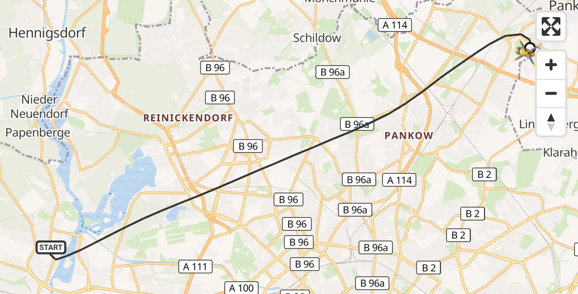 Flugroute Rettungshubschrauber Berlin - Helios Clinic Berlin-Buch, 03 Oktober 2026, 20:34