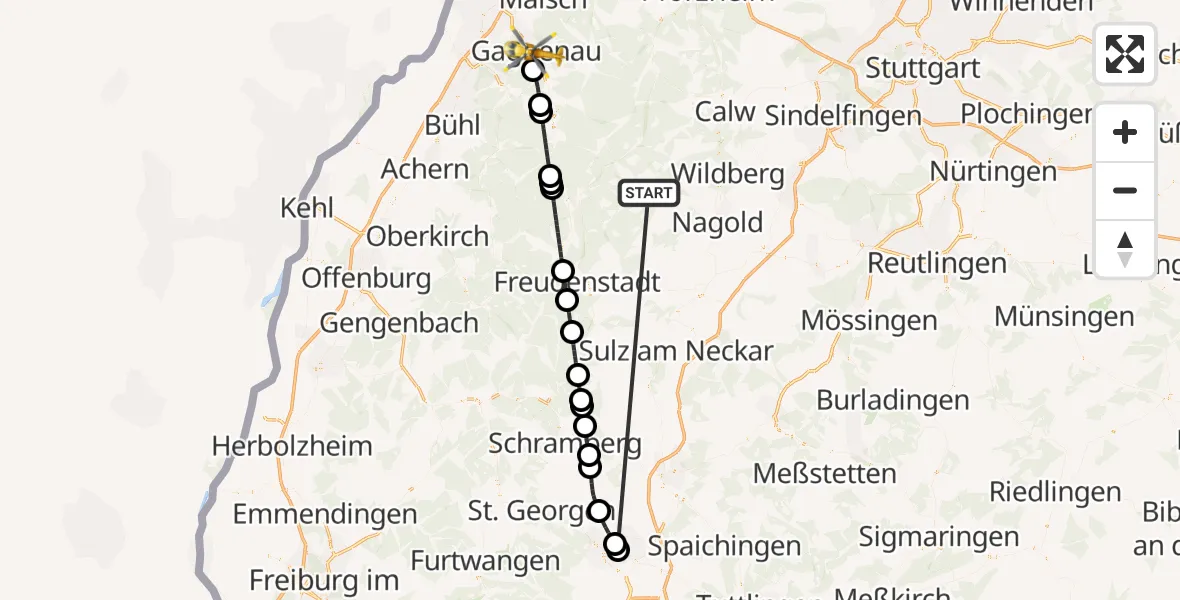 Flugroute Ambulanzhubschrauber Altensteig - Gaggenau, 03 Oktober 2026, 20:45
