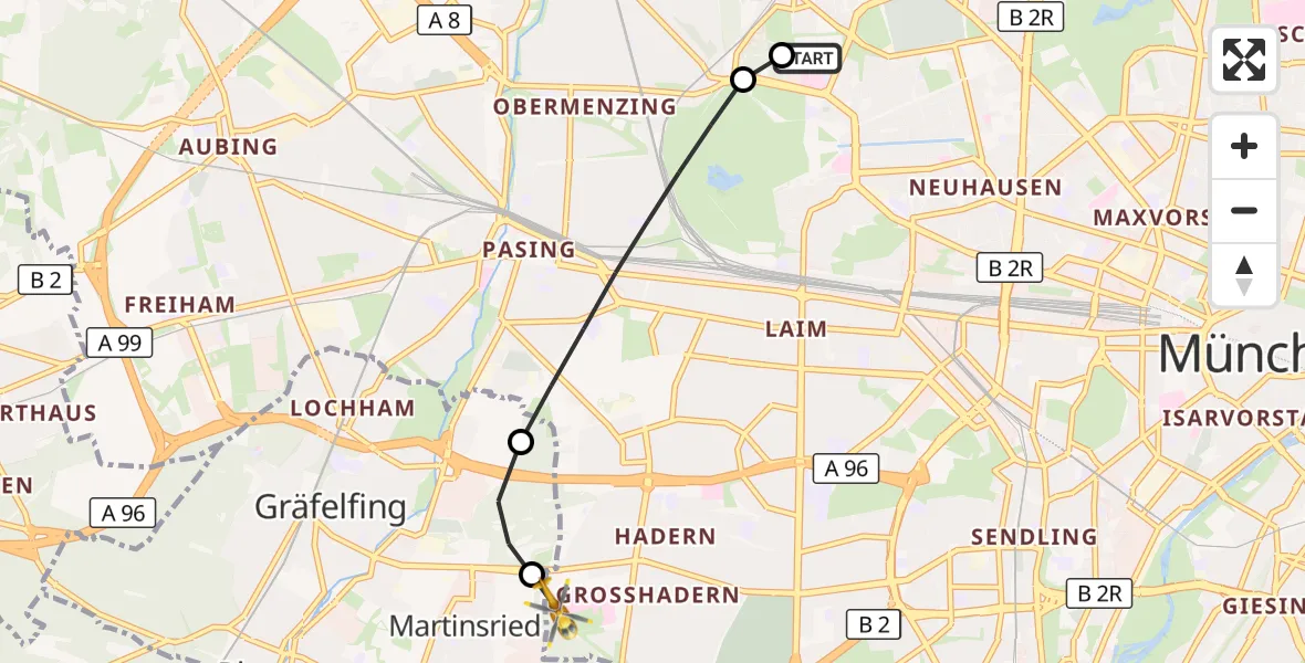 Flugroute Rettungshubschrauber Dritter Orden University Hospital - DRF Air Rescue München Hubschrauberlandeplatz, 03 Oktober 2026, 20:51