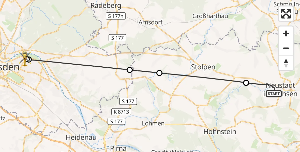 Flugroute Rettungshubschrauber Neustadt in Sachsen - Dresden University Hospital, 03 Oktober 2026, 21:08