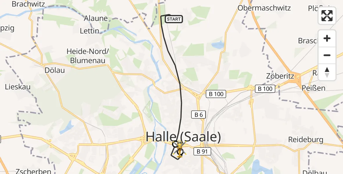 Flugroute Rettungshubschrauber Halle (Saale) - Sankt Elisabeth and Sankt Barbara Hospital Halle (Saale), 03 Oktober 2026, 21:35