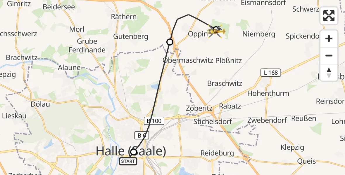 Flugroute Rettungshubschrauber Sankt Elisabeth and Sankt Barbara Hospital Halle (Saale) - Halle-Oppin Flugplatz, 03 Oktober 2026, 21:56