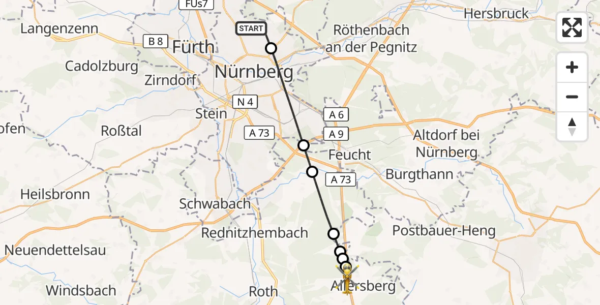Flugroute Rettungshubschrauber Flughafen Nuremberg - Allersberg, 03 Oktober 2026, 23:02