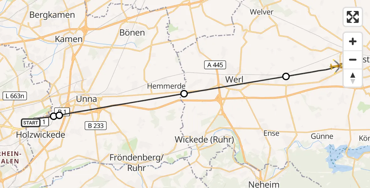 Flugroute Rettungshubschrauber Dortmund Flughafen - Soest, 04 Oktober 2026, 00:09