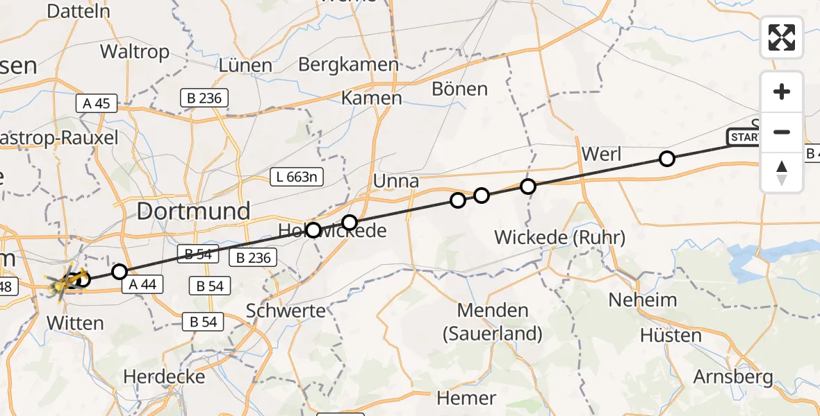 Flugroute Rettungshubschrauber Soest - Bochum University Miners' Hospital, 04 Oktober 2026, 00:46