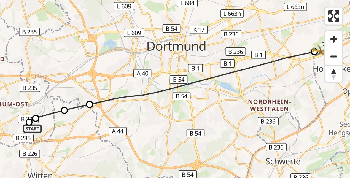 Flugroute Rettungshubschrauber Bochum University Miners' Hospital - Dortmund Flughafen, 04 Oktober 2026, 01:35