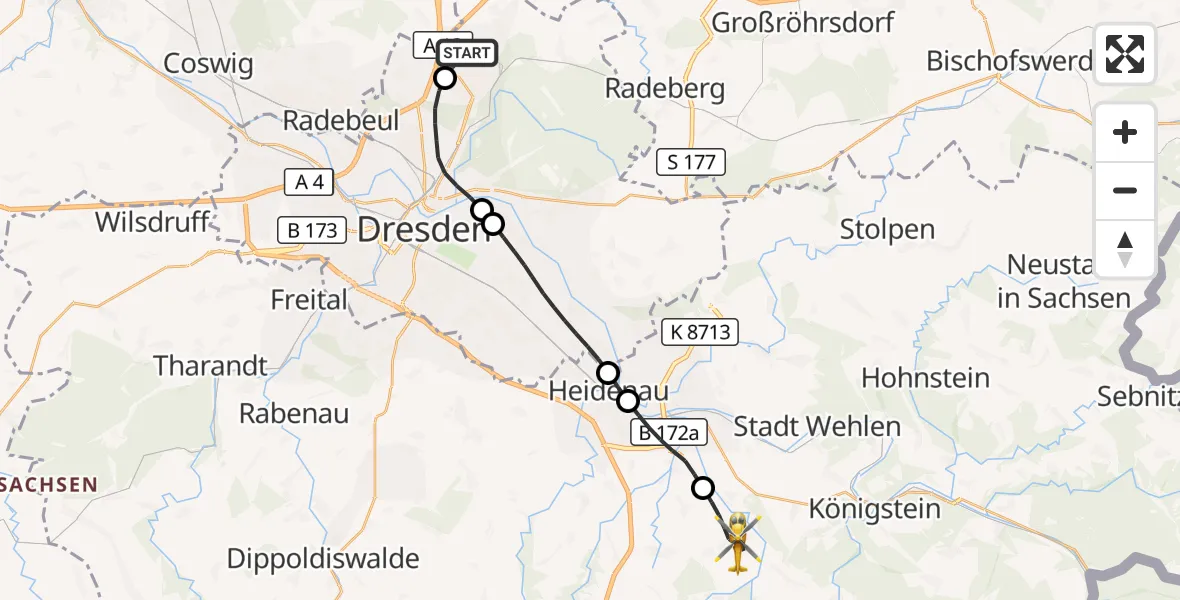 Flugroute Rettungshubschrauber Dresden Flughafen - Dohma, 04 Oktober 2026, 05:27