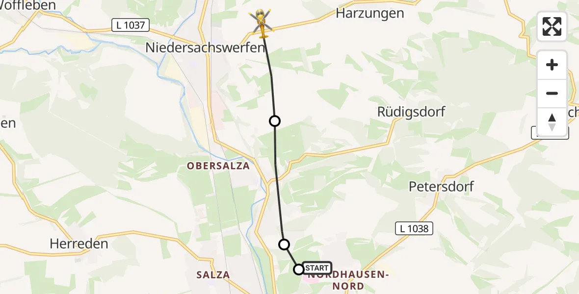 Flugroute Rettungshubschrauber Südharz Hospital Nordhausen - Harztor, 04 Oktober 2026, 05:55