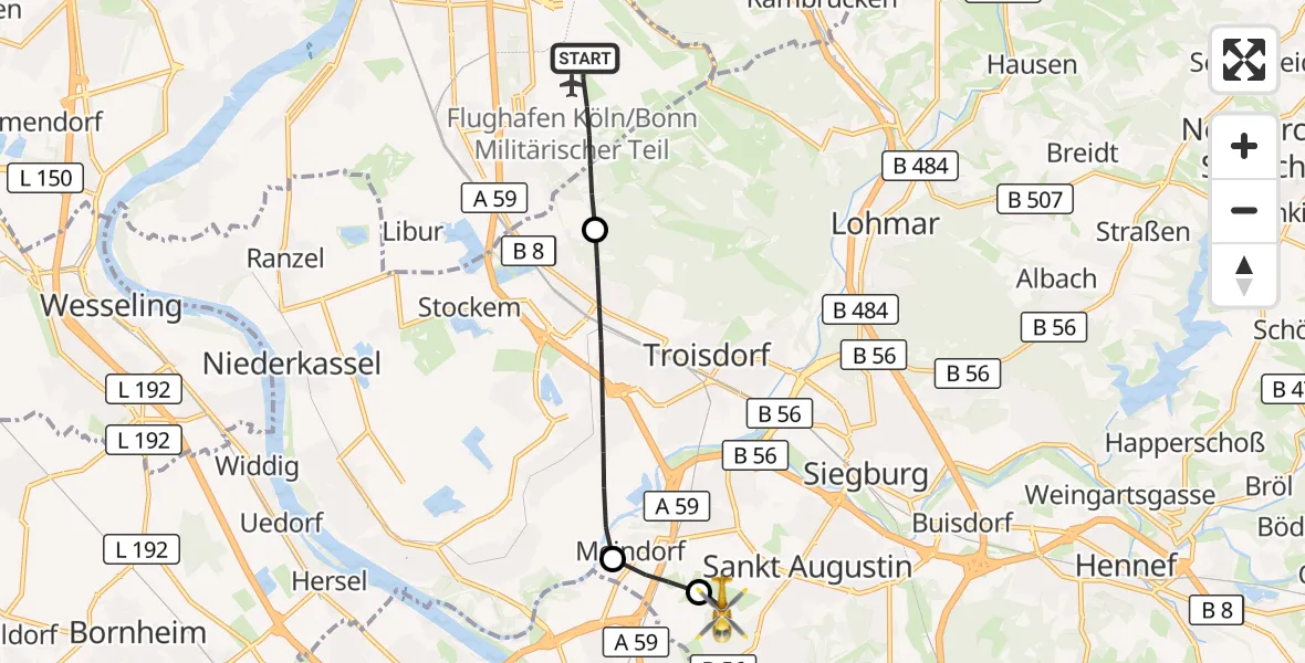 Flugroute Ambulanzhubschrauber Köln Bonn Flughafen - Bonn-Hangelar Flugplatz, 04 Oktober 2026, 06:46