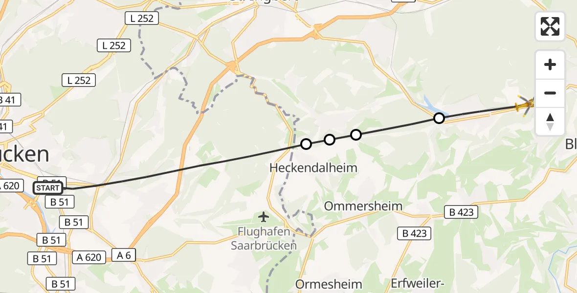 Flugroute Rettungshubschrauber Saarbrücken - Blieskastel, 04 Oktober 2026, 07:01